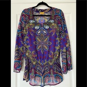 Bohemian silk blouse with cinch waist and beaded accents Size Medium